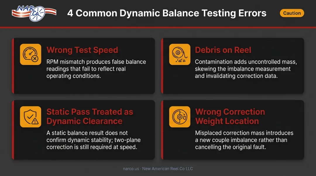 Four common wire reel dynamic balance testing errors and consequences infographic