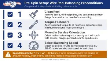 Four-step wire reel balancing setup preconditions checklist infographic