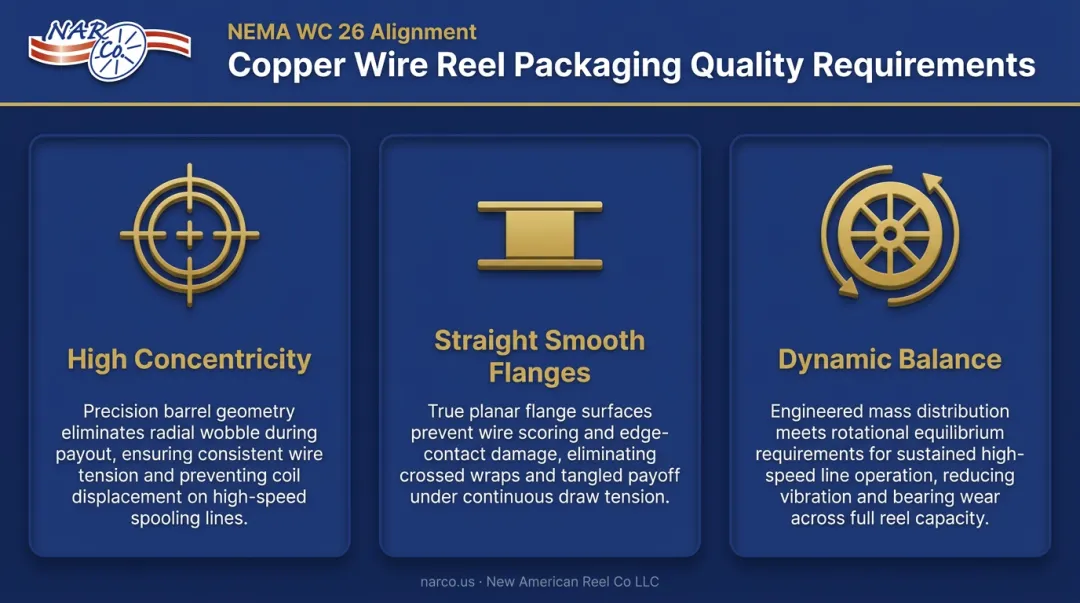 Three copper wire reel quality standards concentricity flange balance requirements infographic