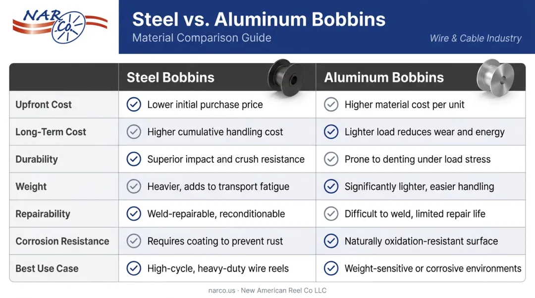 Steel versus aluminum wire drawing bobbin comparison infographic seven key factors