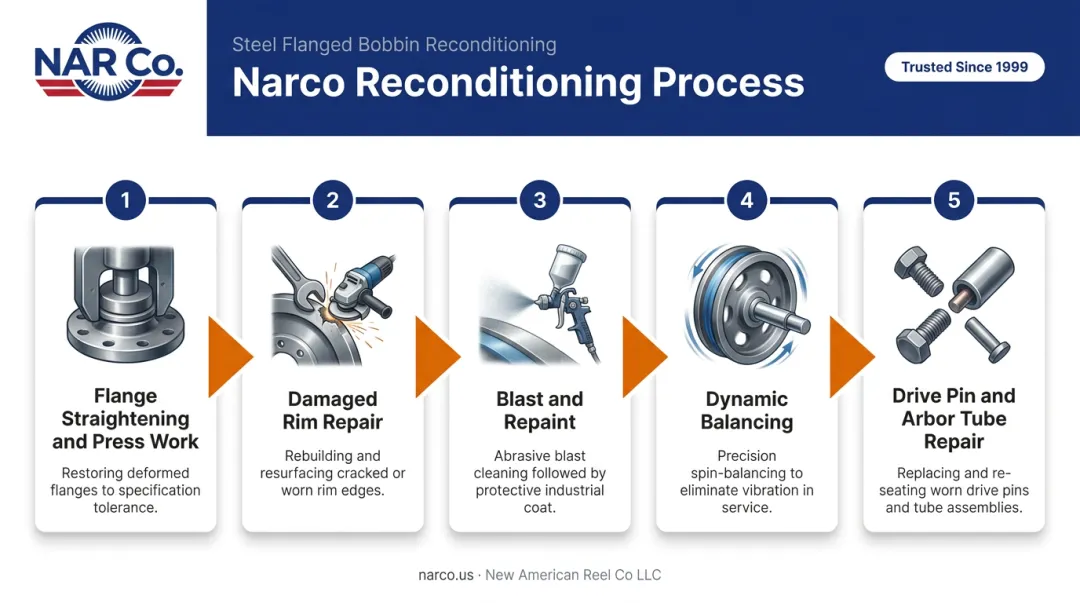 5-step steel bobbin reconditioning process from inspection to dynamic balancing