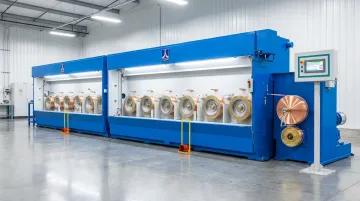 High-speed fine wire drawing machine operating at production speed with take-up bobbin