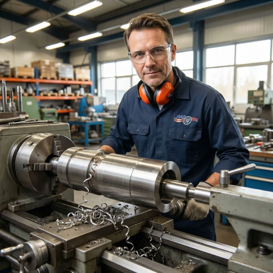 Technician performing precision machining on industrial reel arbor tube