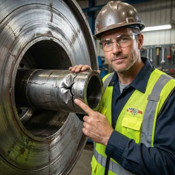 Industrial cable reel with exposed arbor tube undergoing professional repair