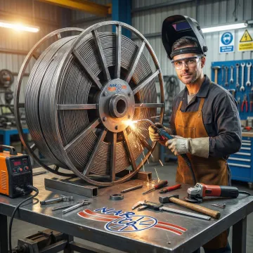 Industrial steel wire reel undergoing structural repair and reconditioning