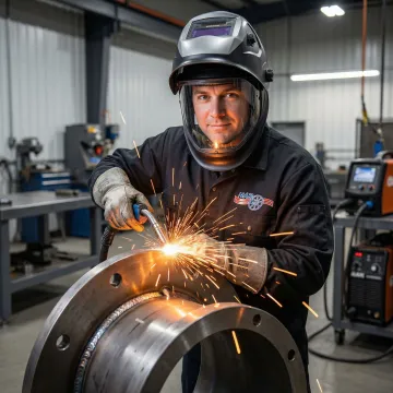 Professional welder performing precision steel reel welding repair on industrial cable reel