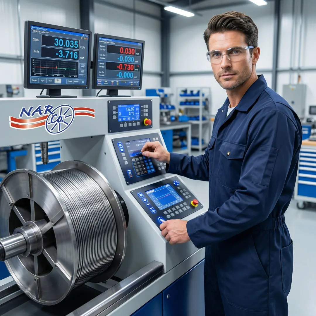 Technician performing dynamic balancing on industrial steel reel with precision equipment