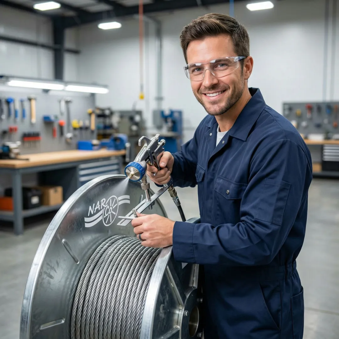 Technician applying precision stenciling to industrial cable reel with professional equipment