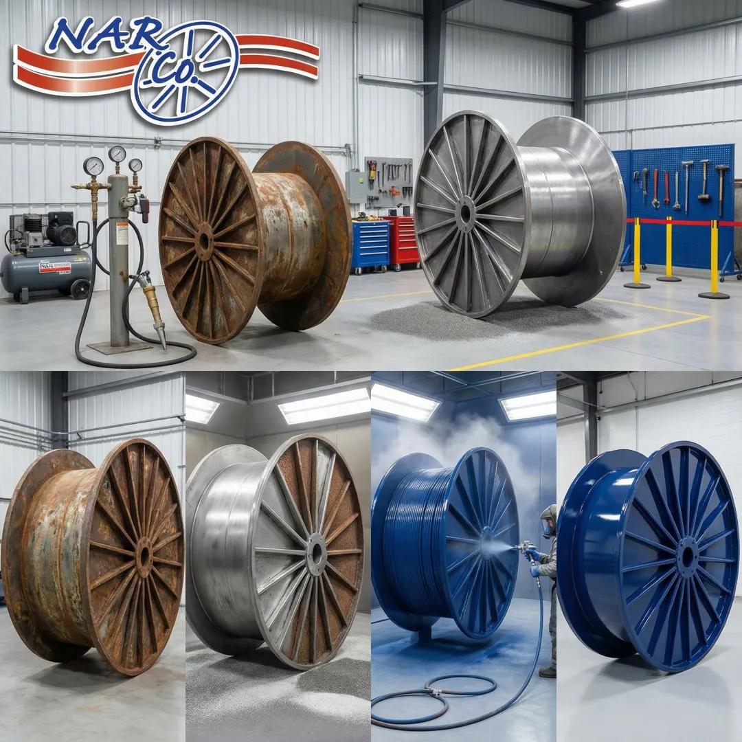 Step-by-step steel reel blasting and painting process in industrial facility