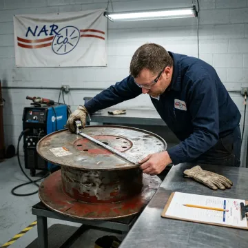 Technician inspecting a steel wire reel