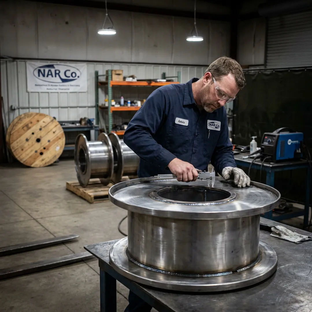 Technician inspecting a repaired steel reel