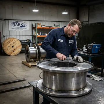 Technician inspecting a repaired steel reel