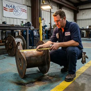 Technician measuring a damaged steel wire reel