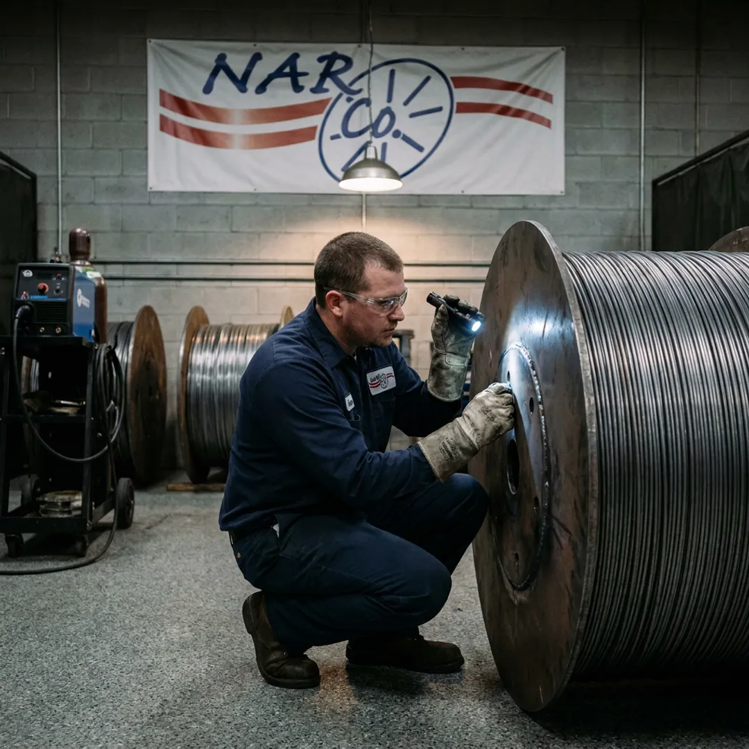 Technician inspecting a repaired steel spool