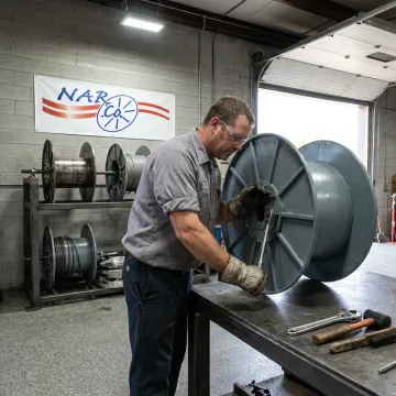 Steel wire spool repair in progress