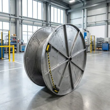 Industrial steel wire reel being prepared for blasting and painting service