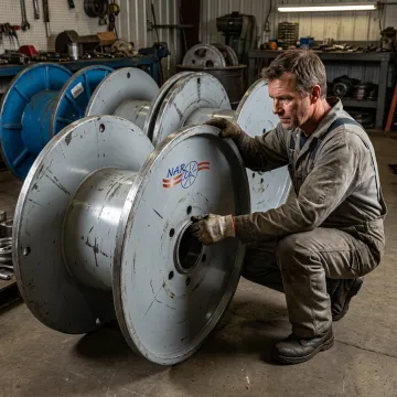 Technician repairing an industrial steel wire spool
