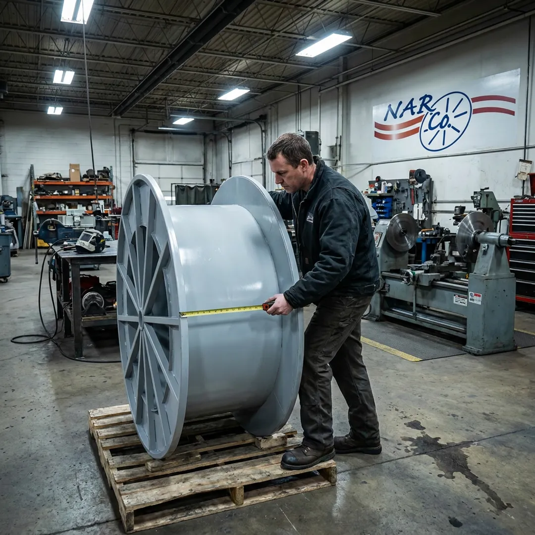 Technician inspecting an industrial wire reel