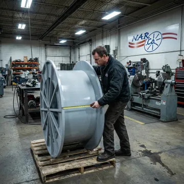 Technician inspecting an industrial wire reel