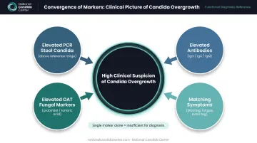 Candida result convergence diagram showing multiple test markers and symptom overlap