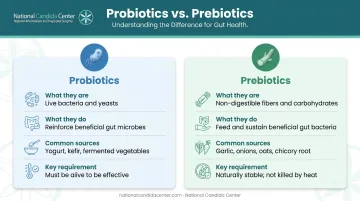 Prebiotics versus probiotics side-by-side comparison infographic with key differences