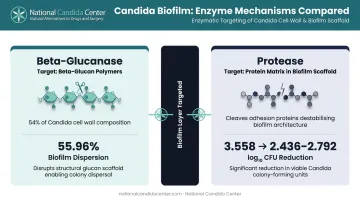 Beta-glucanase versus protease Candida biofilm disruption mechanisms comparison infographic