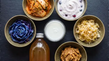variety of fermented probiotic foods including kefir kimchi sauerkraut and yogurt