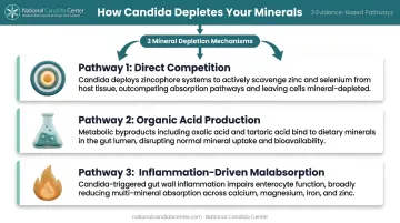 Three pathways microbiome (including Candida overgrowth) depletes zinc selenium and gut minerals