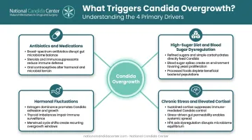 Four primary root causes of microbiome (including Candida overgrowth) with key contributing factors