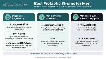 Key probiotic strains for men organized by digestive barrier and metabolic benefits