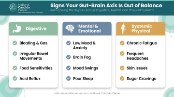 Gut-brain axis dysfunction warning signs digestive mental and systemic symptoms grouped infographic