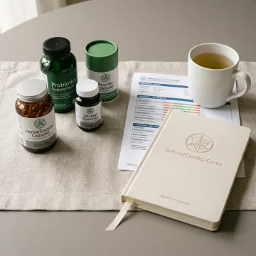 Natural digestive health supplements on a wellness table