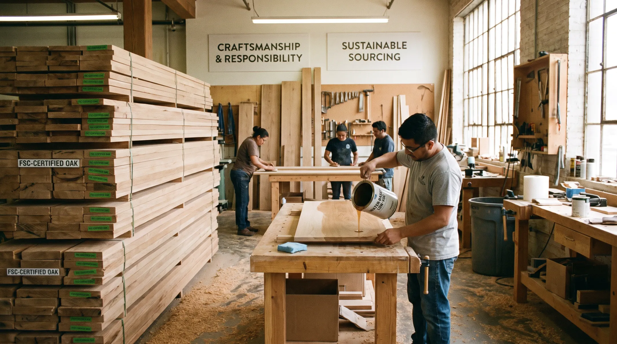 Sustainable wood sourcing and low-VOC furniture finishing process in workshop