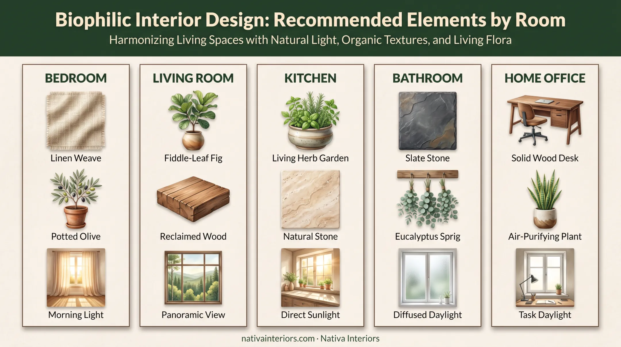 Biophilic design elements by room bedroom kitchen living room