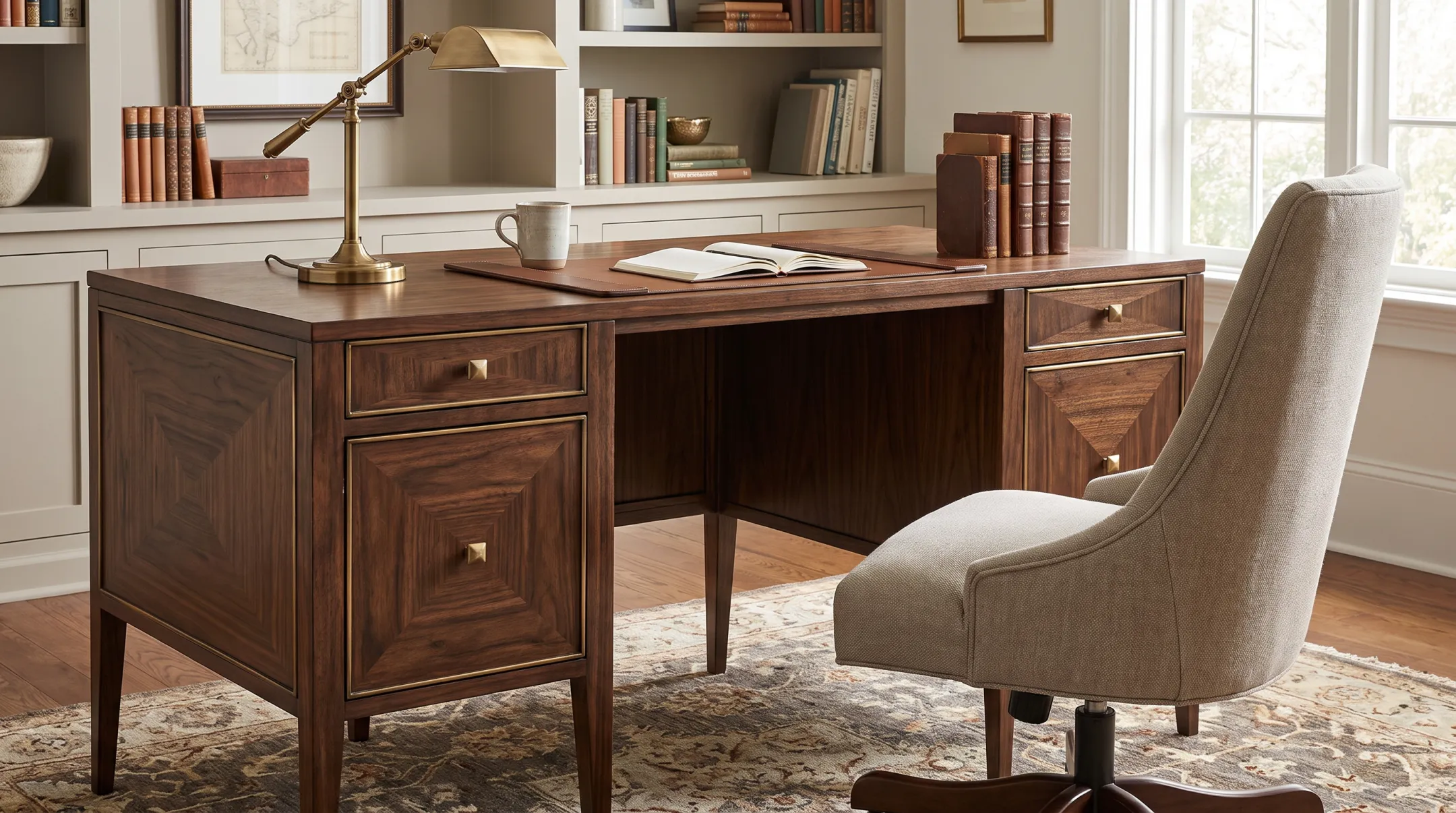 Avalon Desk in premium wood finish with dual storage cabinets