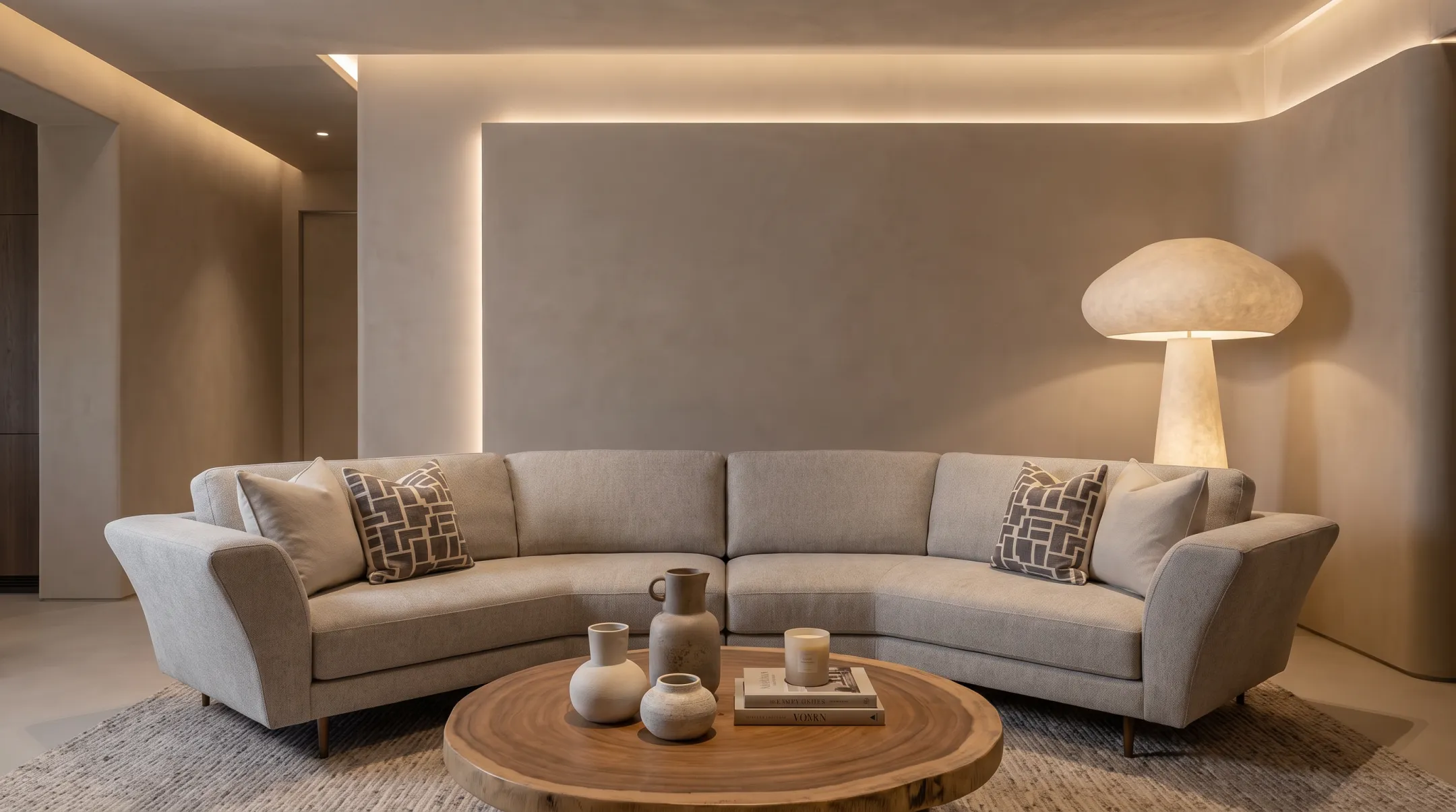 Curved sofa with flared arms showcasing 2026 rounded furniture trend