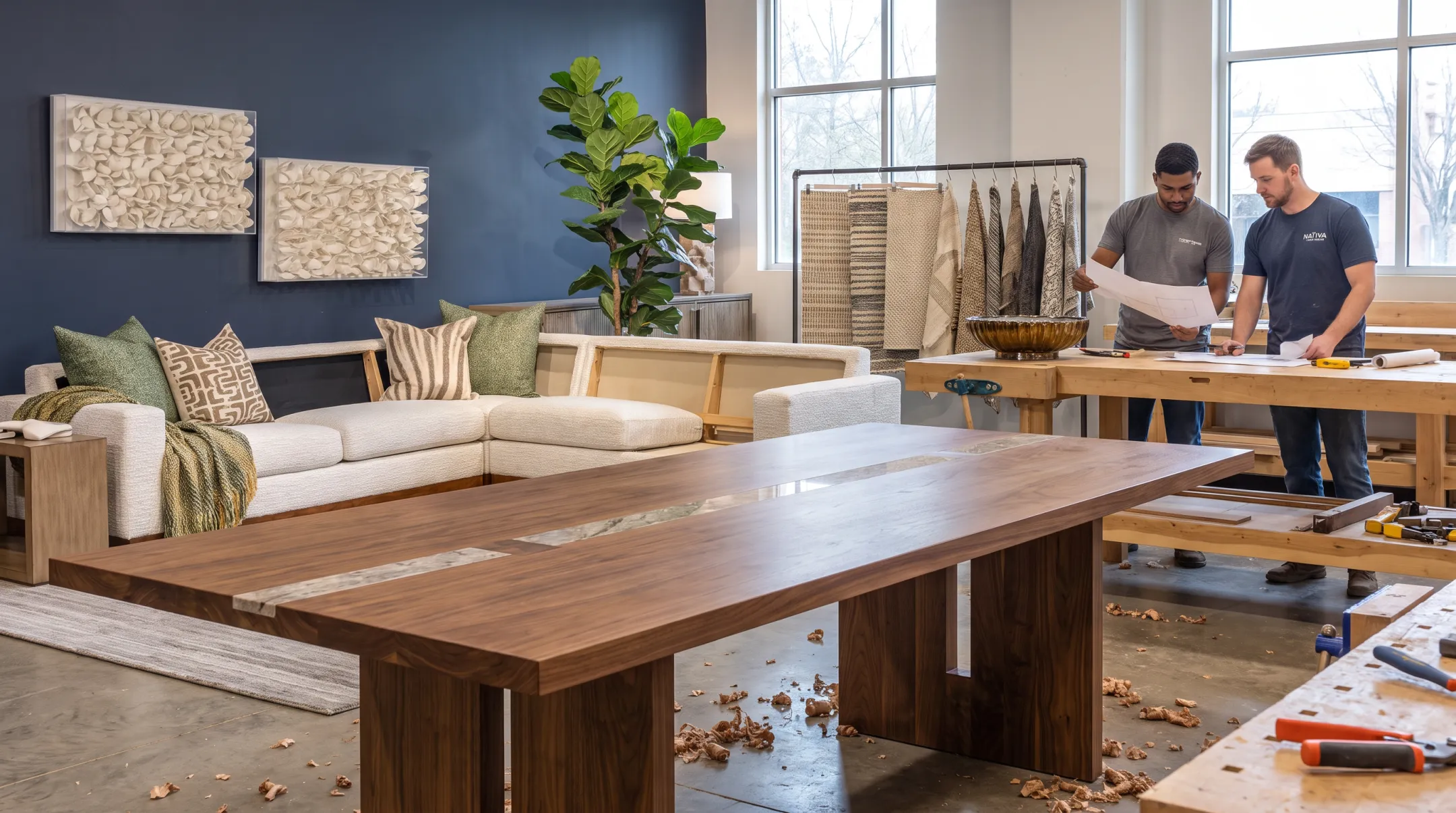 Nativa Interiors showroom displaying custom made-to-order minimalist furniture
