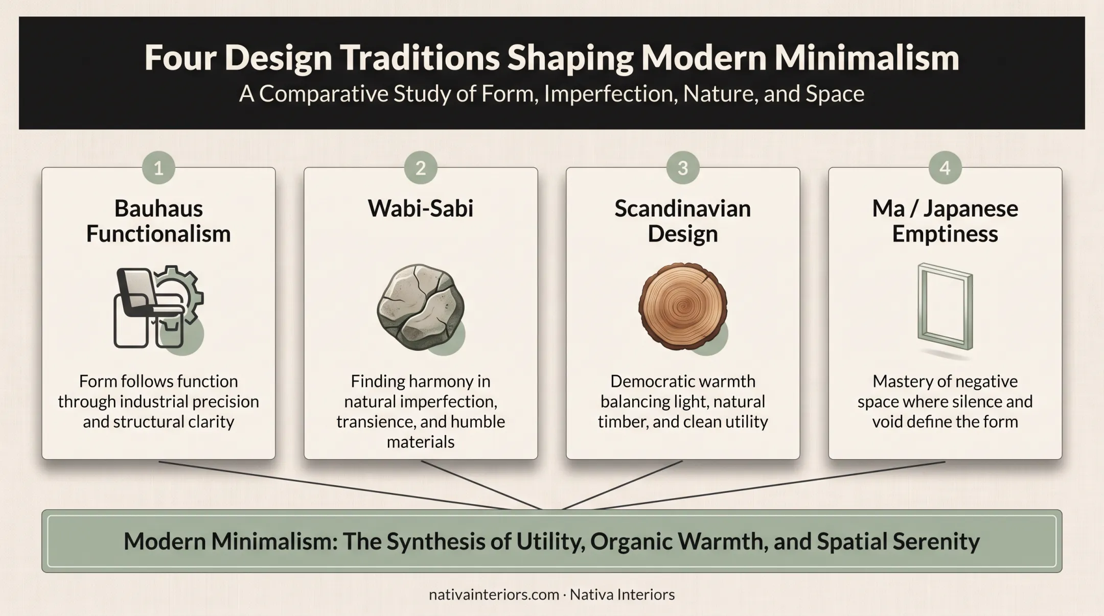 Four design traditions influencing minimalist interior philosophy compared side by side