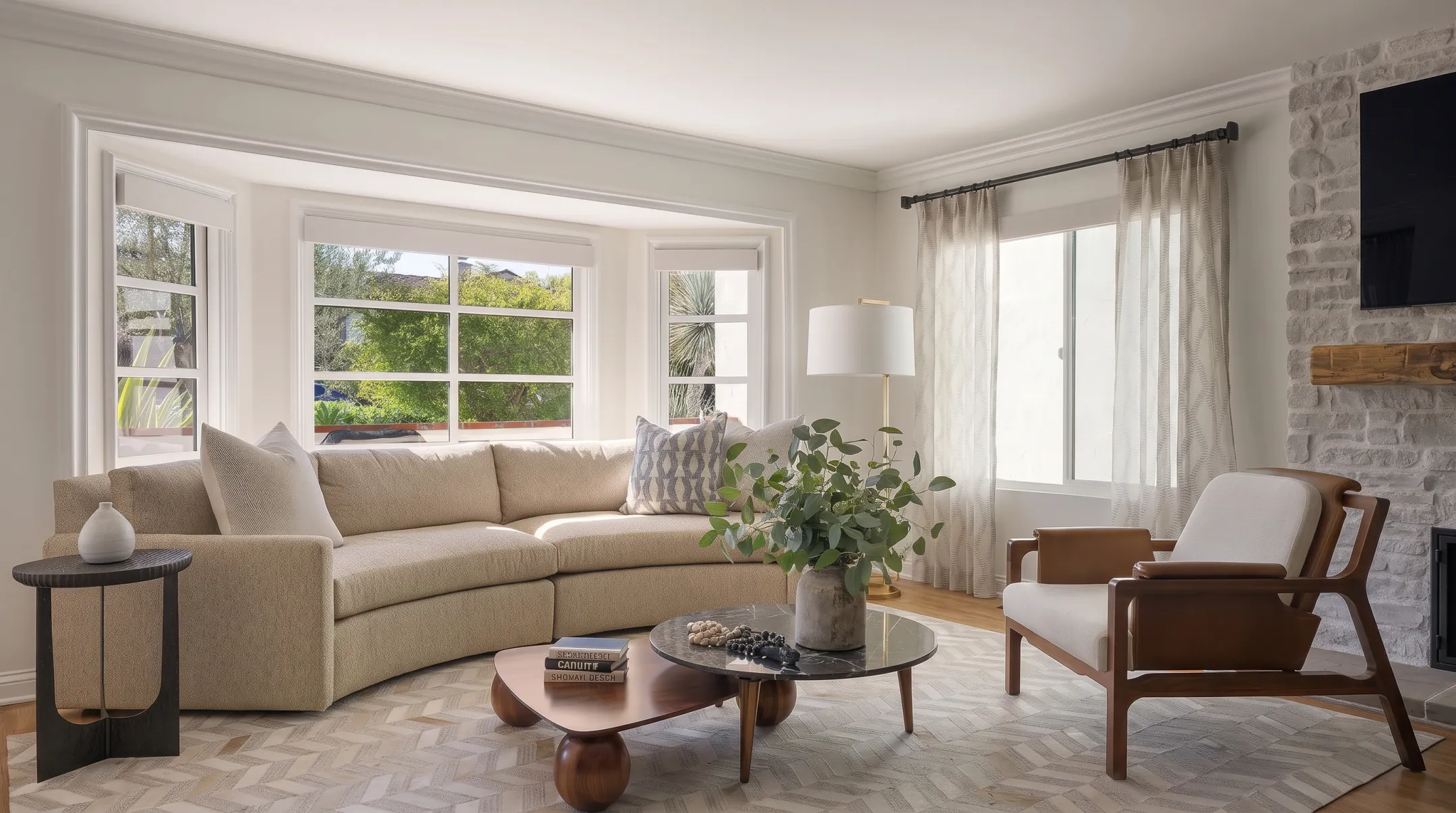 mid-century modern living room featuring Nativa Kobe Modular Sectional and warm wood credenza