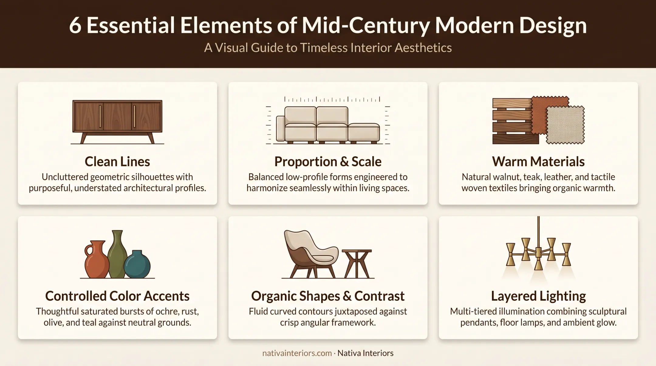 six essential elements of mid-century modern interior design infographic