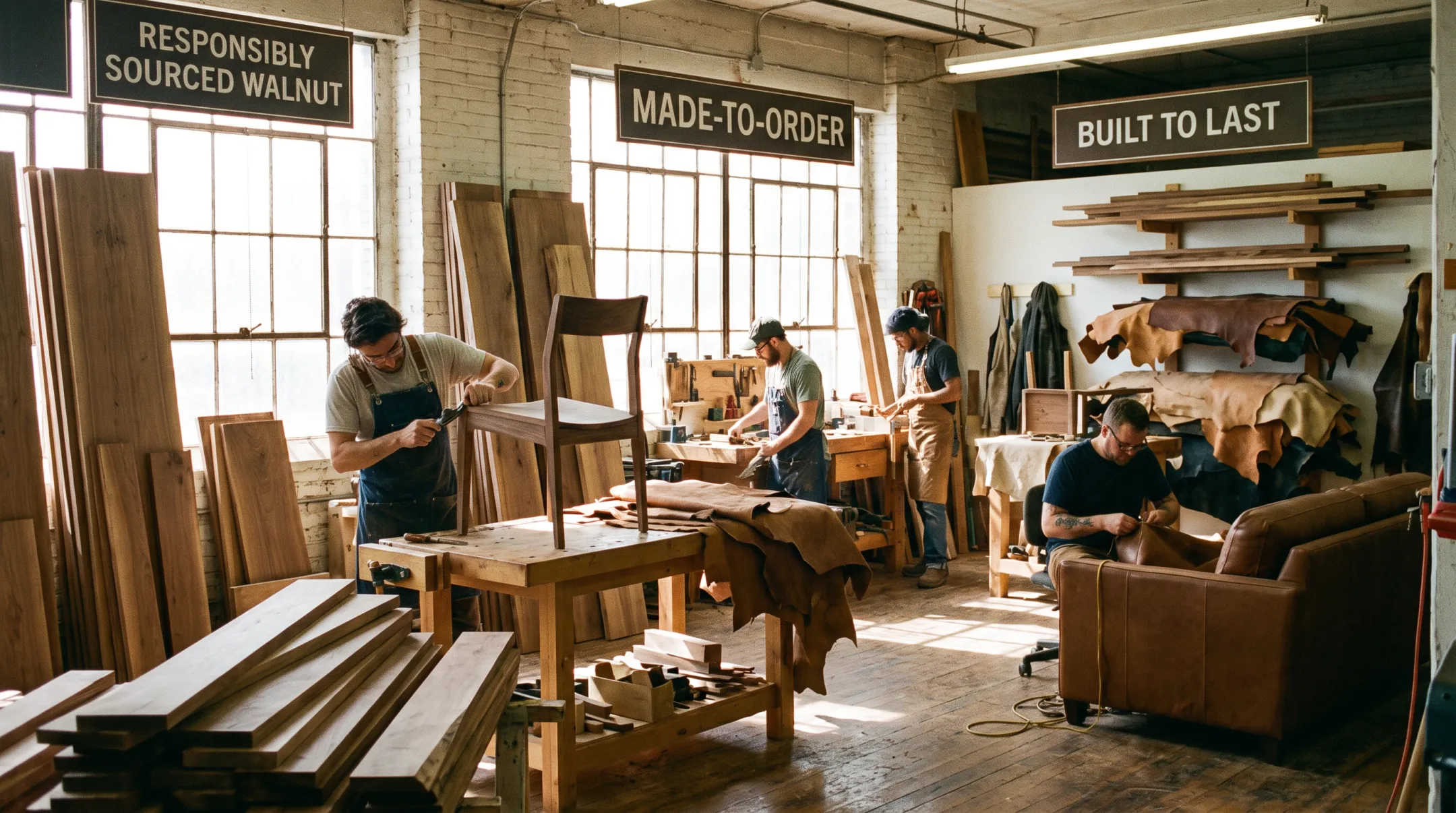 craftsperson handcrafting sustainable wood furniture in North American workshop