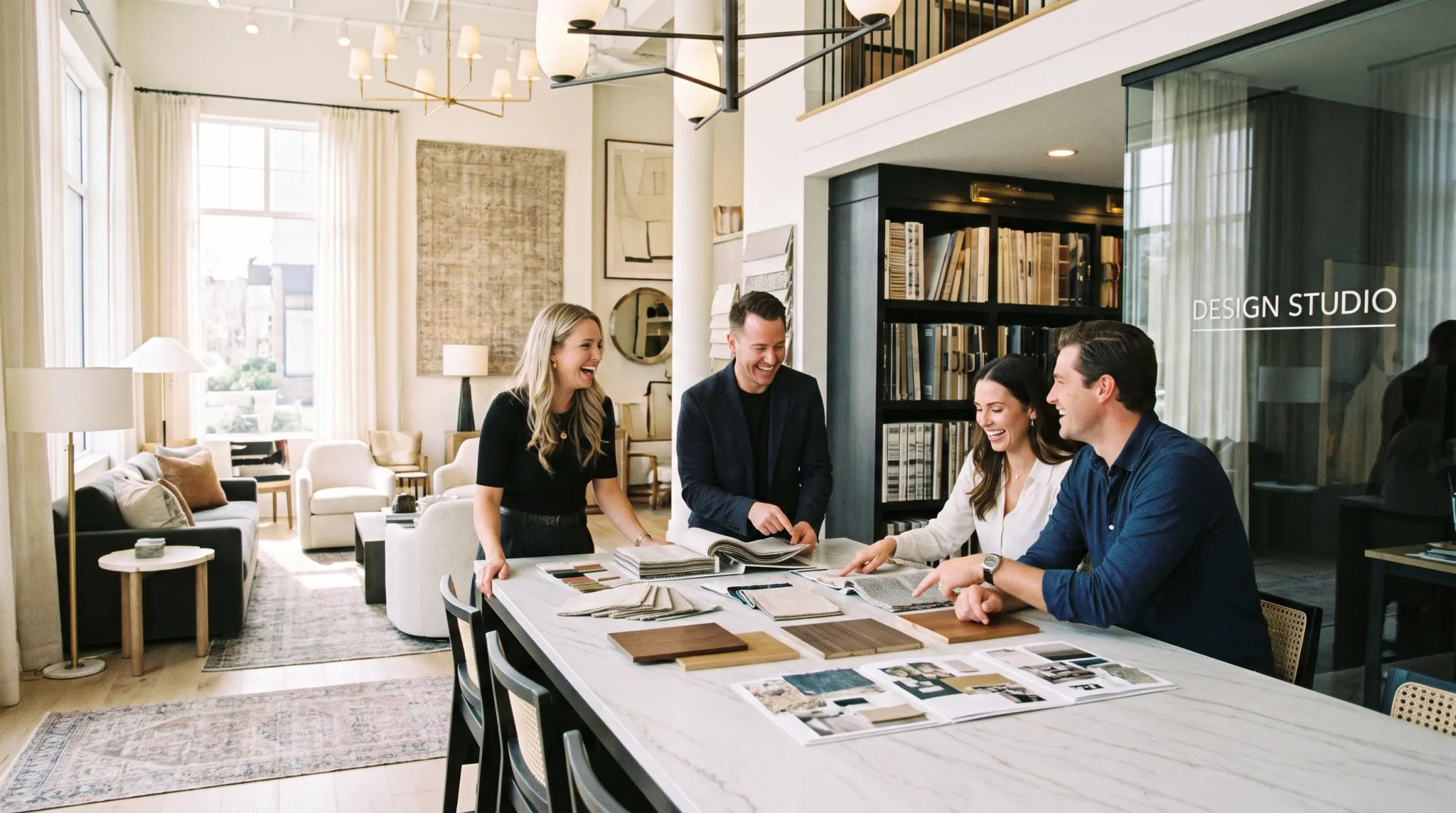 Interior designers collaborating with client in showroom on furniture selection