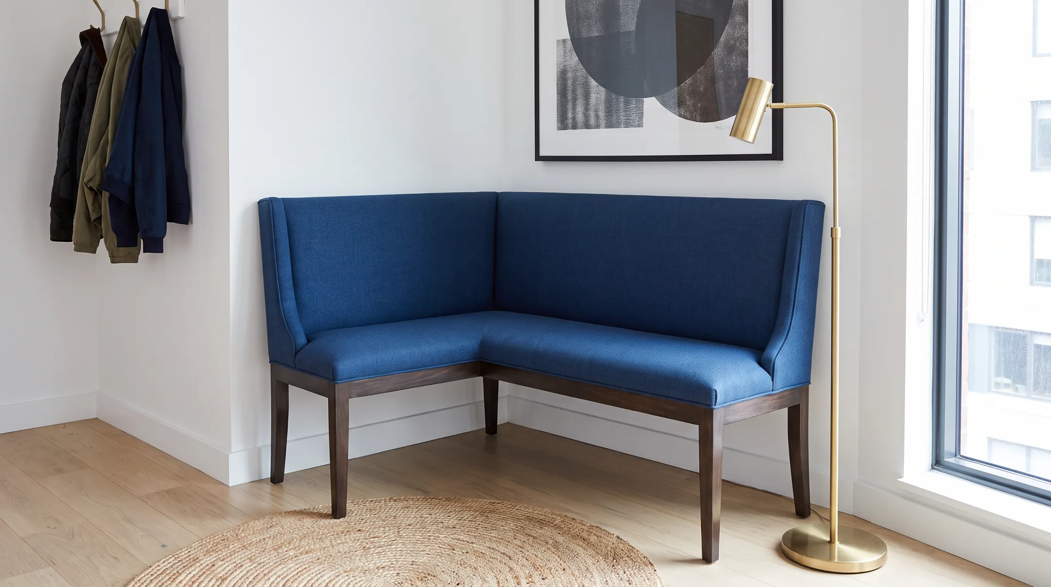 Custom Roman Bench furniture piece scaled for narrow apartment entryway