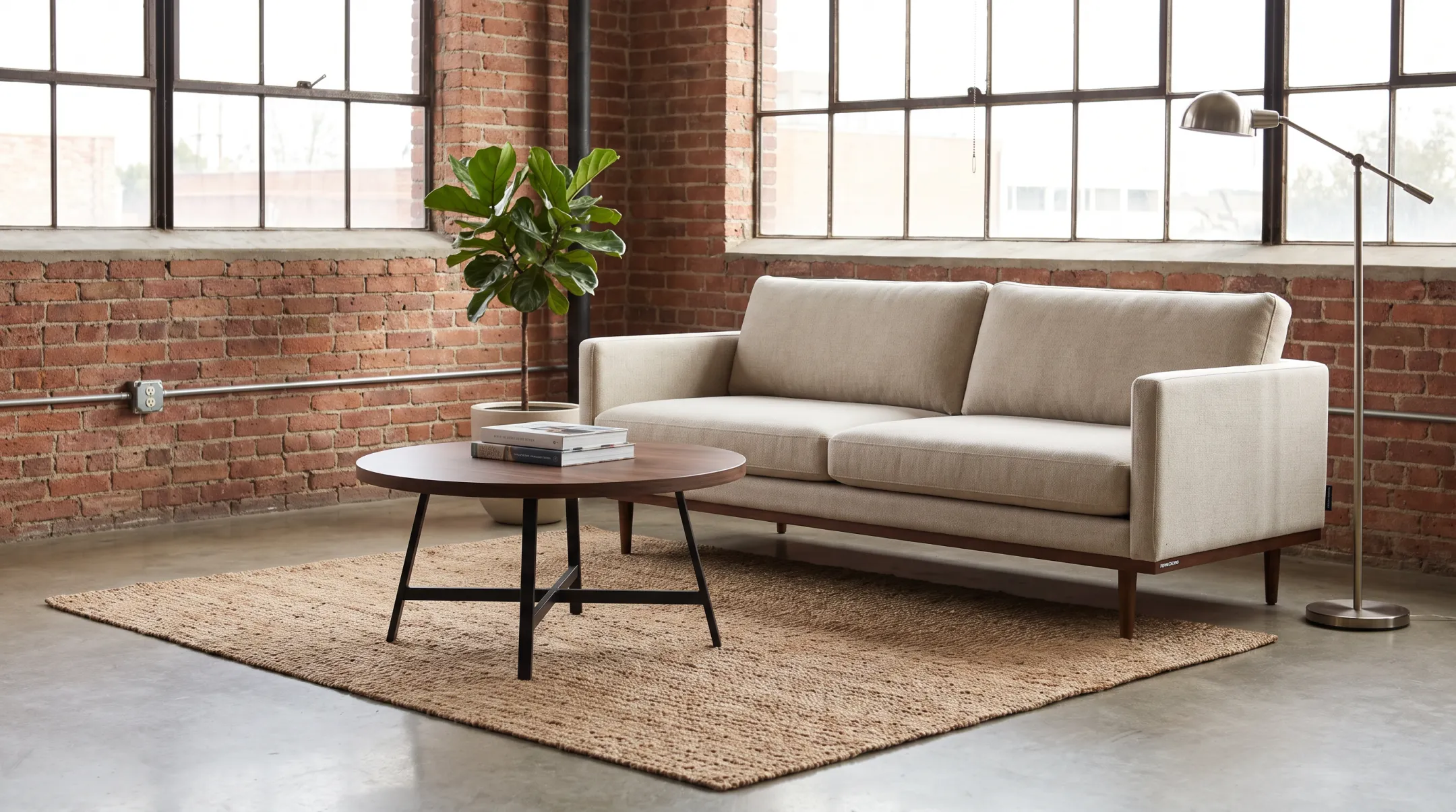 Adalyn sofa and Nolan coffee table in compact industrial living room