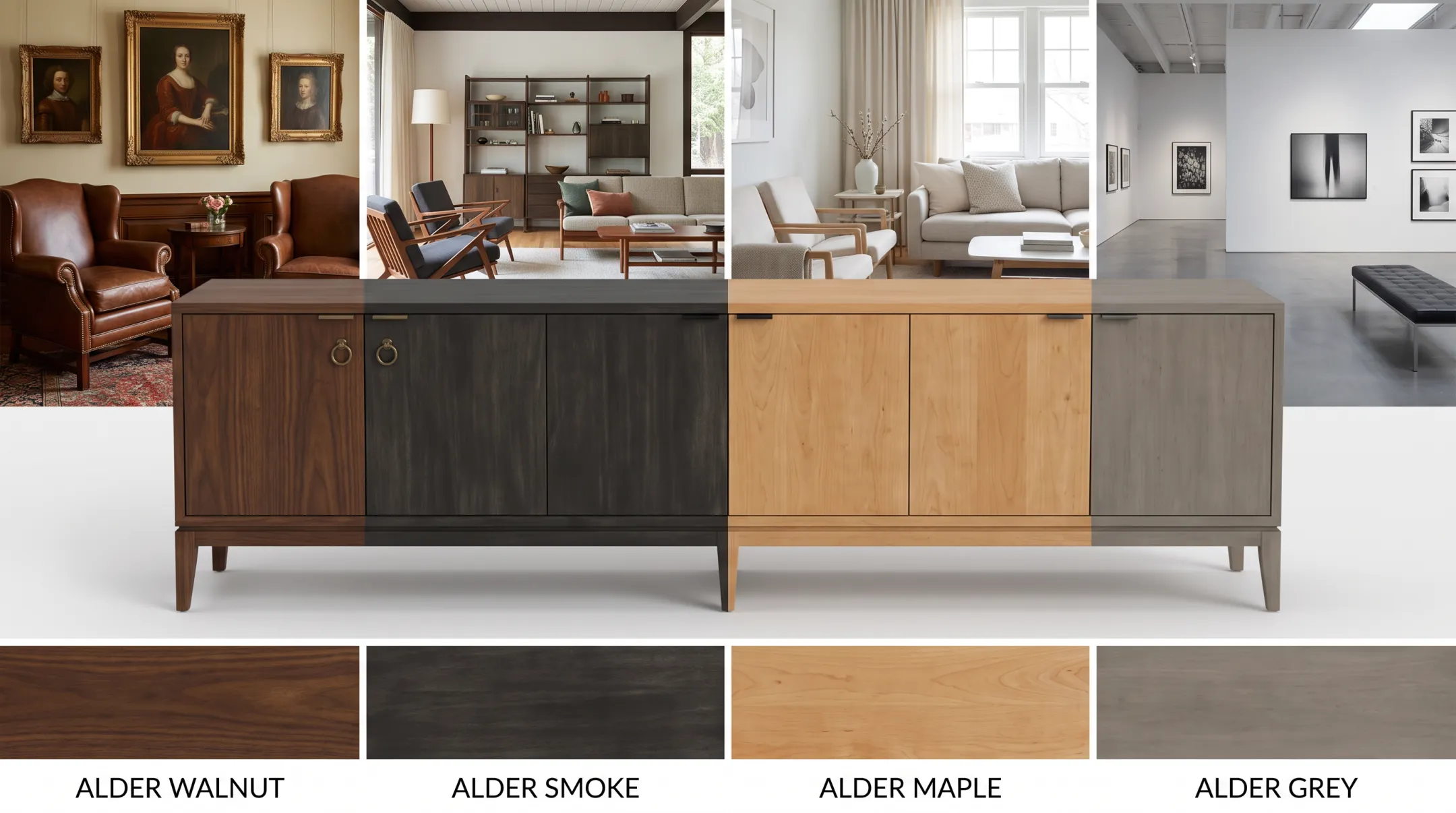 Barcelona Credenza shown in four available wood finish options