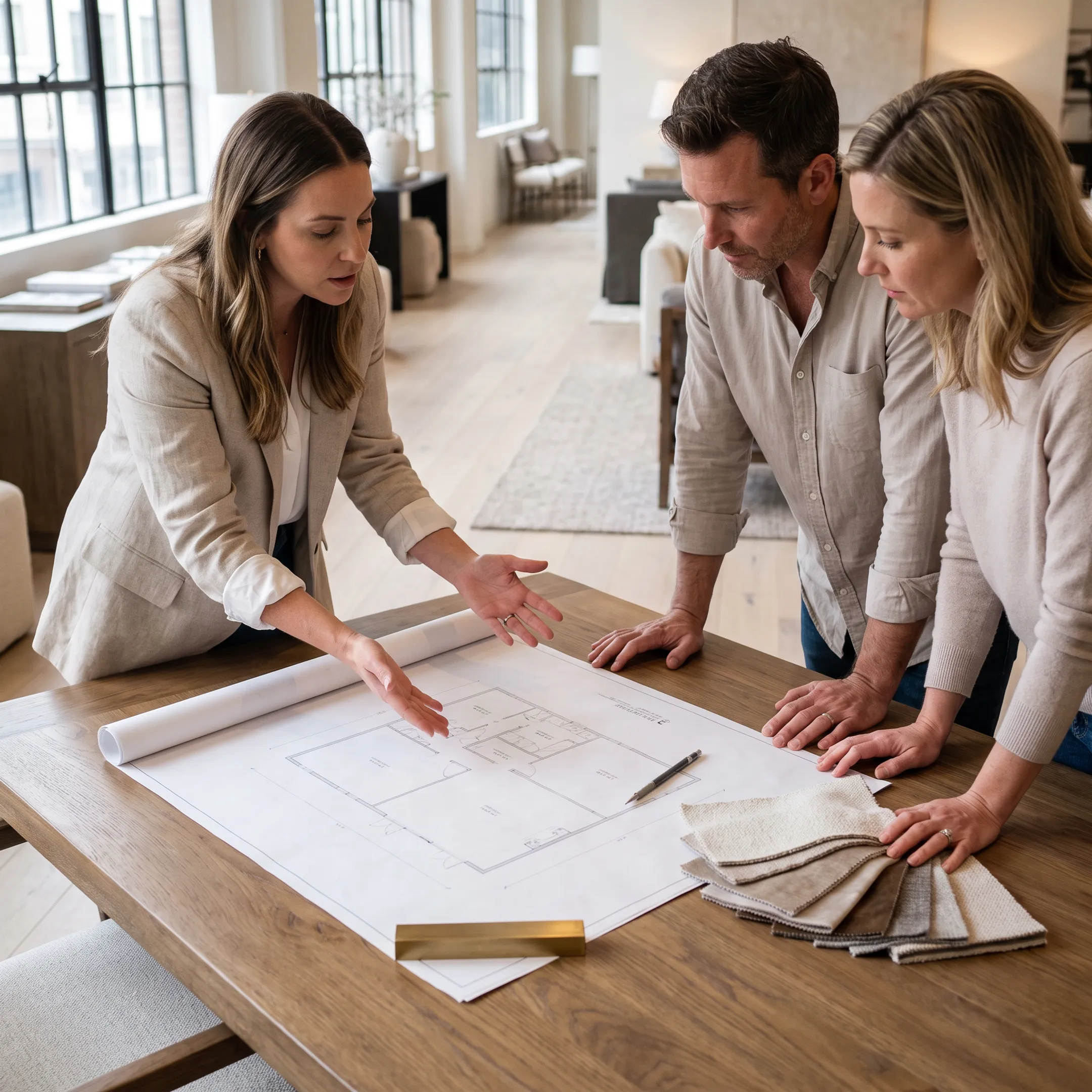 Professional interior designer reviewing blueprints and material swatches in a luxury design studio