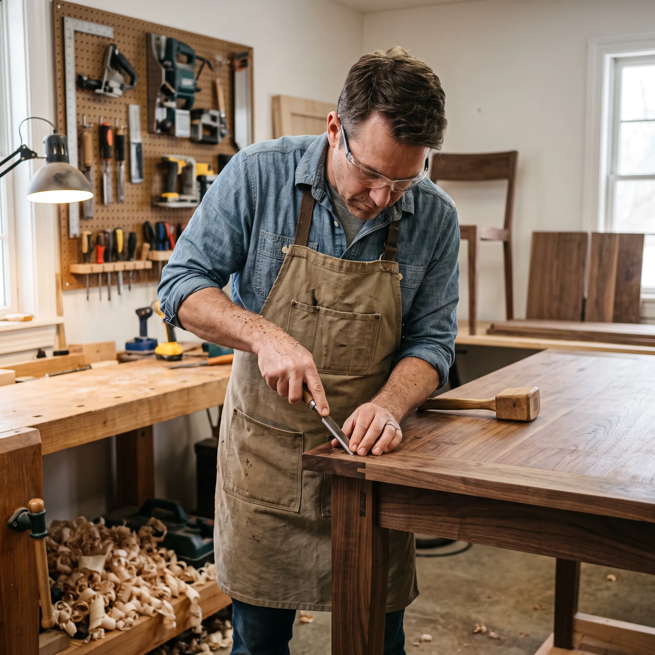 Craftsman assembling bespoke wooden furniture in a design workshop