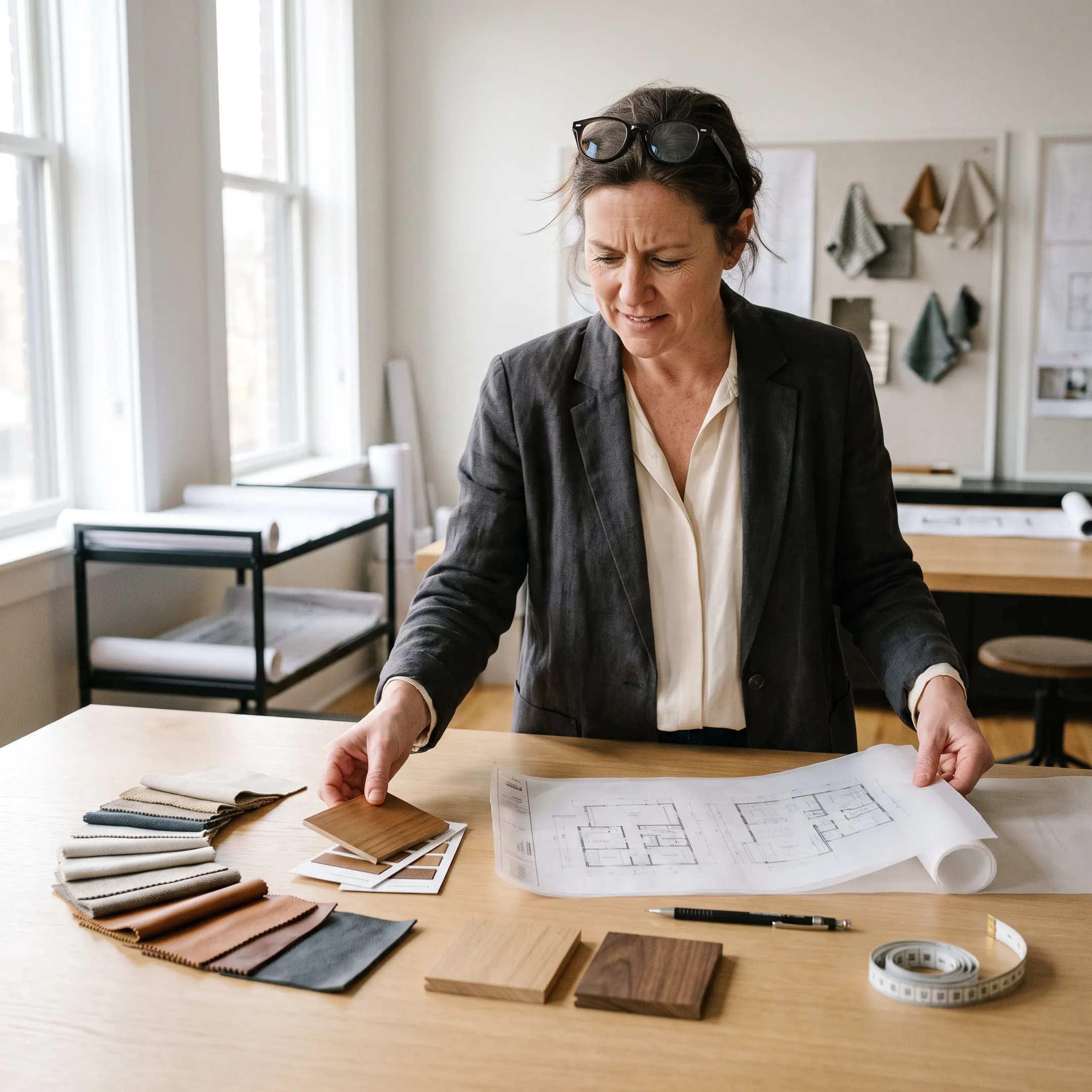 Interior designer reviewing architectural blueprints and custom fabric swatches on a drafting table