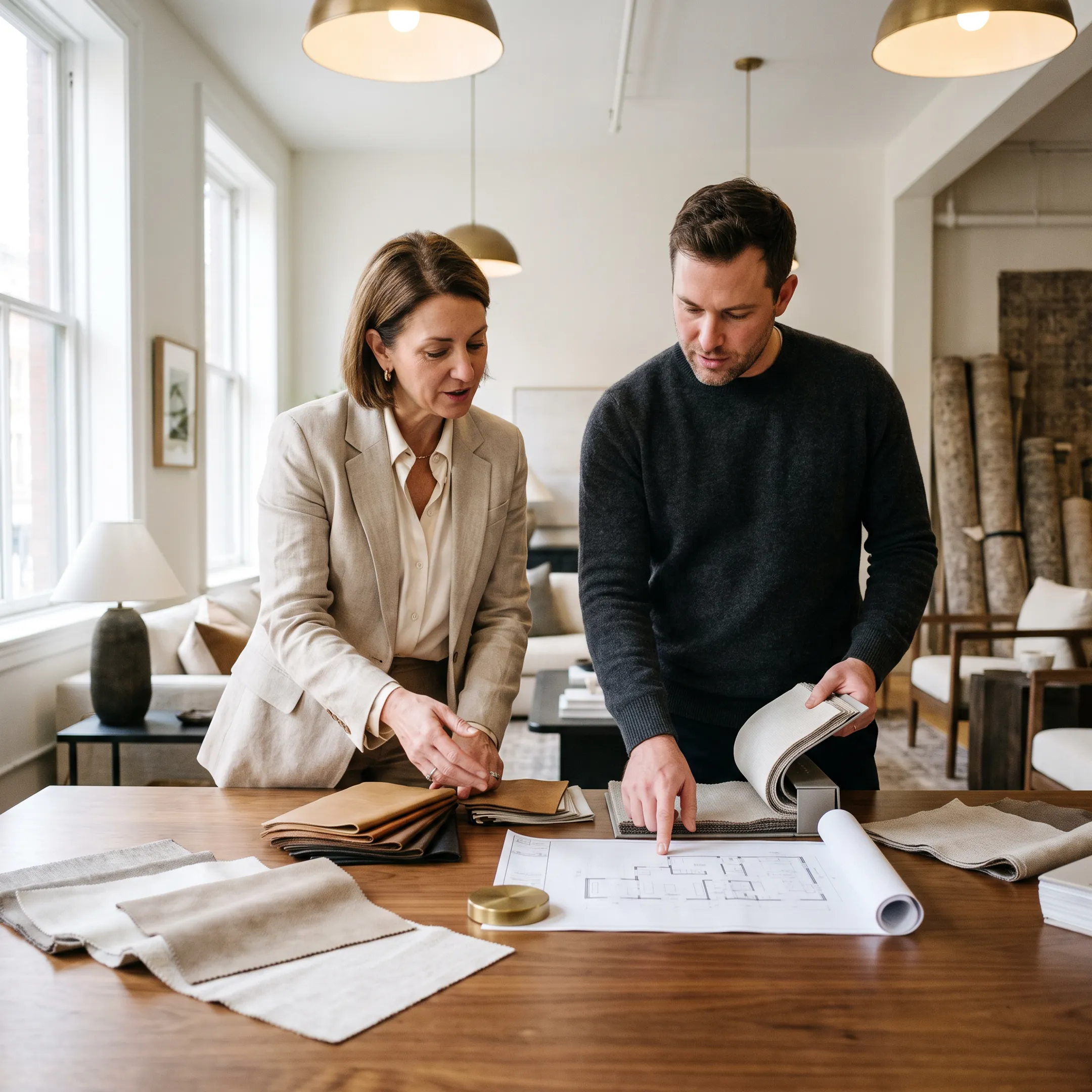 Interior designer reviewing custom upholstery fabric swatches and architectural furniture sketches
