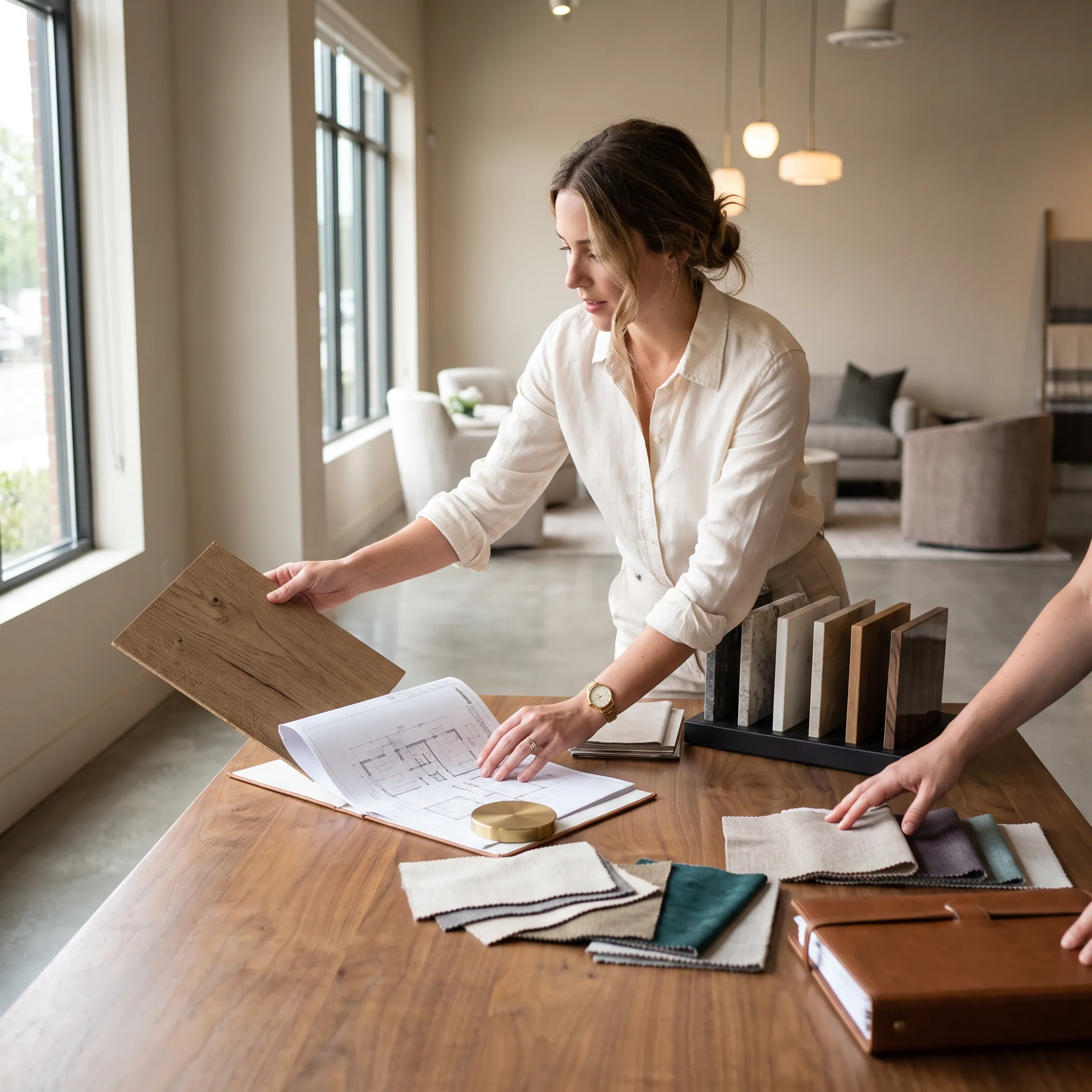 Interior designer reviewing architectural finish samples and space plans